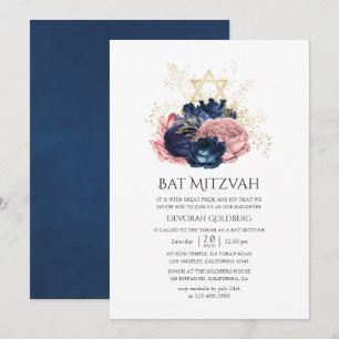 Convites Azul Marinho e Rosas Cor-de-Rosa Vintage Bat Mitzv