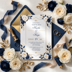 Convites Azul Marinho&Elegância Floral Casamento Espanhol