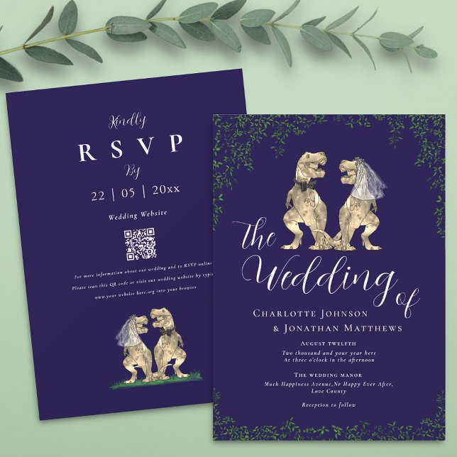 Convites Azul Marinho Elegante Código QR de Casamento de Di (Navy blue dinosaur wedding qr code invitation Elegant script boho eucalyptus foliage T-Rex )
