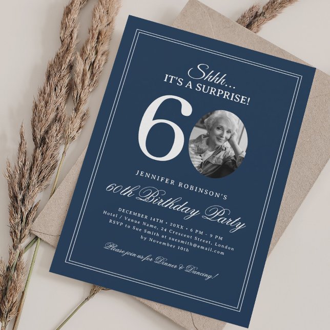 Convites Azul Marinho | Festa Surpresa de 60 Anos (Navy Blue | Surprise 60th Birthday Party Invitation)