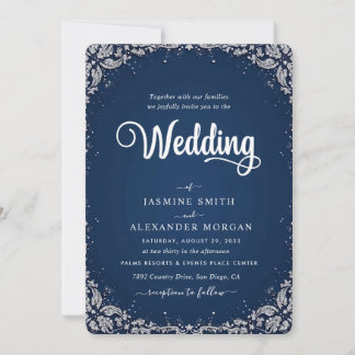Convites Azul Marinho Florais Flores Casamento Simples