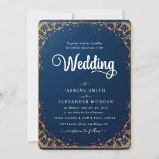 Convites Azul Marinho Florais Flores Casamento Simples