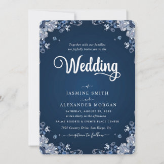 Convites Azul Marinho Florais Flores Casamento Simples