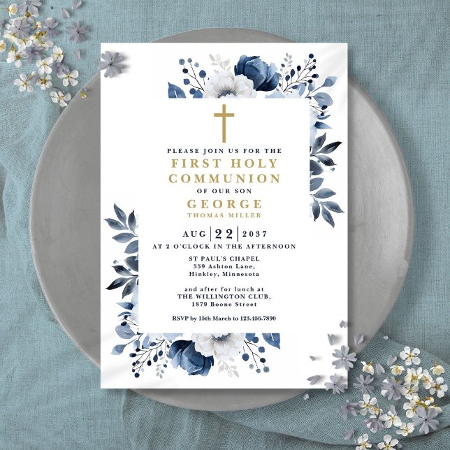 Convites Azul Marinho Floral Botânico Primeira Comunhão (Navy Blue Floral Botanical First Holy Communion Invitation)