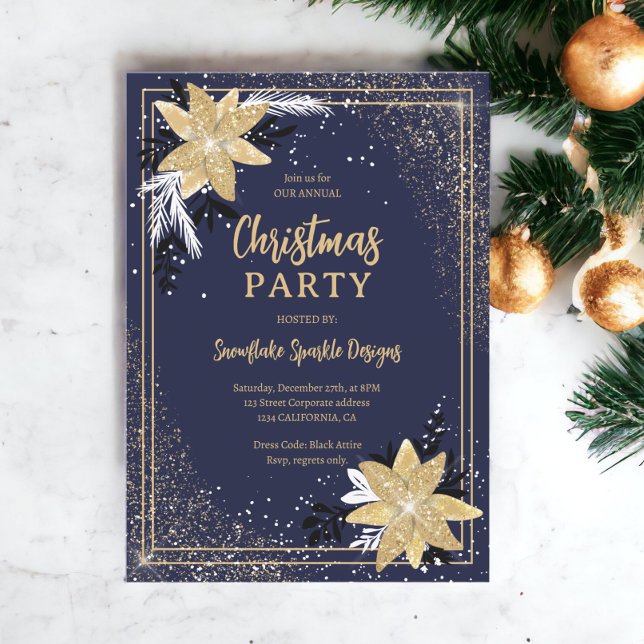 Convites Azul-marinho floral Dourado brilhante Natal corpor (Gold glitter floral navy blue Corporate Christmas Invitation)
