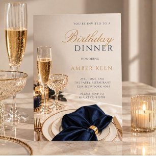 Convites Azul Marinho Floral Jantar de Aniversário Elegante