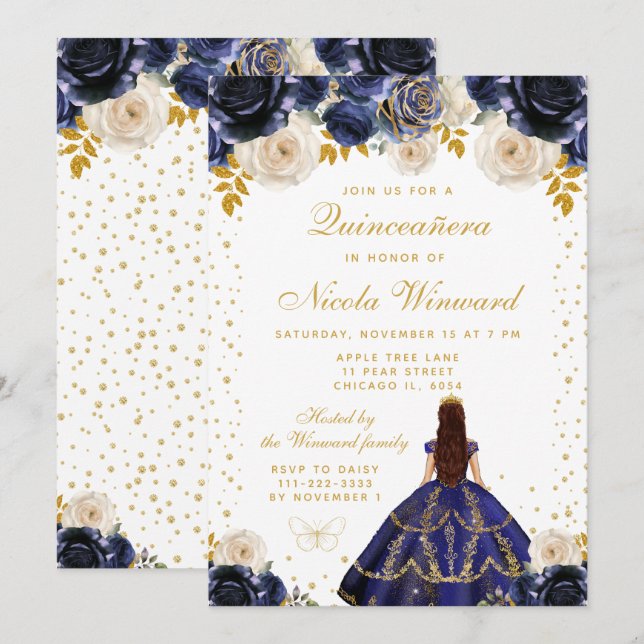 Convites Azul Marinho Floral Princesa Quinceañera (Frente/Verso)
