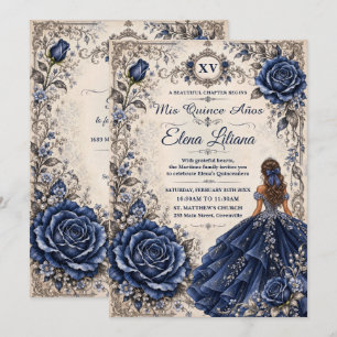 Convites Azul Marinho Floral Princesa Vintage Quinceañera X