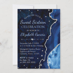 Convites Azul Marinho & Glitter Prata Mármore Ágata Doce 16