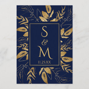 Convites Azul marinho  Ouro Foliage Casamento Elegante