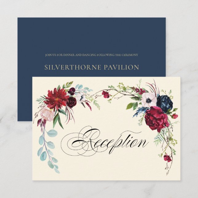 Convites Azul Marinho | Placa de Recepção de casamento Flor (Frente/Verso)