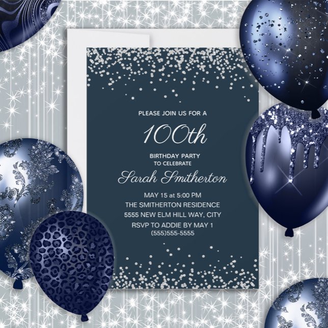 Convites Azul Marinho Prata Diamante Brilho 100º Aniversári (Navy blue and silver glitter 100th birthday party invitation for women. Customize with your own text)