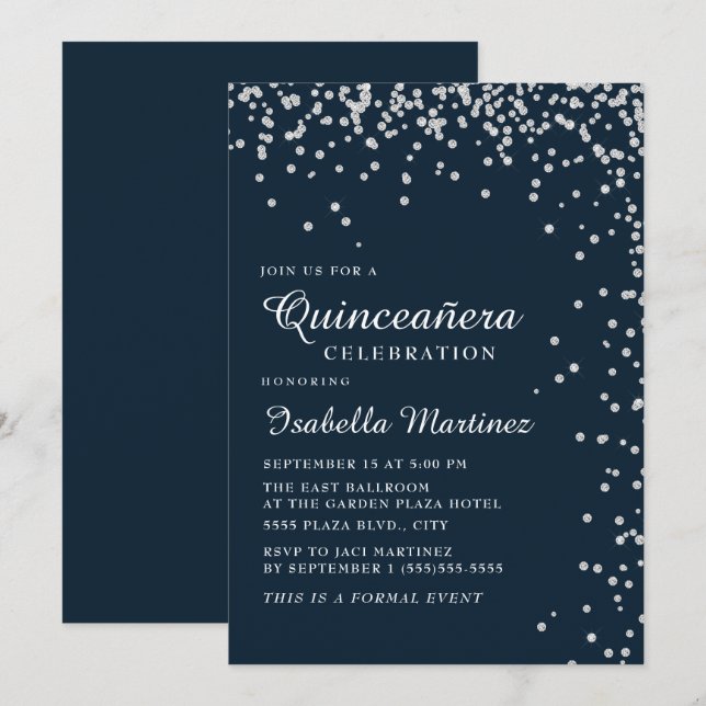 Convites Azul Marinho Prata Diamante Confete Quinceañera (Frente/Verso)