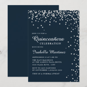 Convites Azul Marinho Prata Diamante Confete Quinceañera