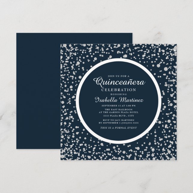 Convites Azul Marinho Prata Diamante Glitter Quinceañera (Frente/Verso)