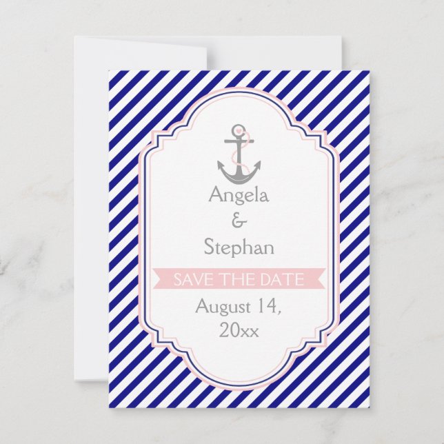 Convites Azul marinho, rosa náutico casamento Save the Date (Frente)