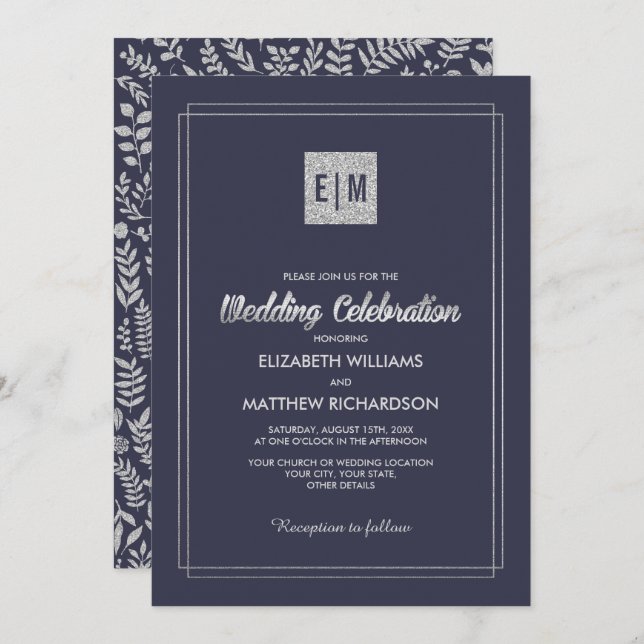 Convites Azul marinho | Silver Floral Wedding (Frente/Verso)