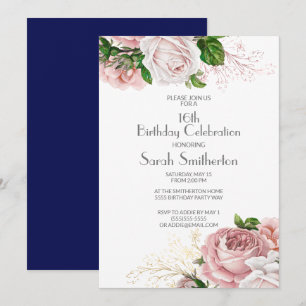 Convites Azul Marinho Vintage Floral Rosa Aniversário de 16