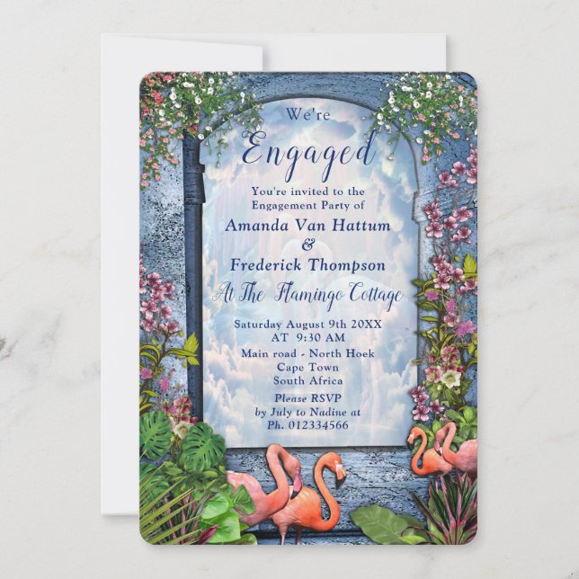 Convites Azul mármore e flamingos cor-de-rosa (Frente)