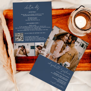Convites Azul moderno, branco 4 foto Qr tudo em um casament