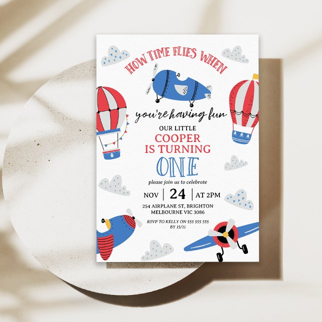 Convites Azul moderno como o tempo voa primeiro aniversario (Modern How Time Flies 1st Birthday Invitation Boy, Plane Airplanes Hot Air Balloon, Plane Invitation)