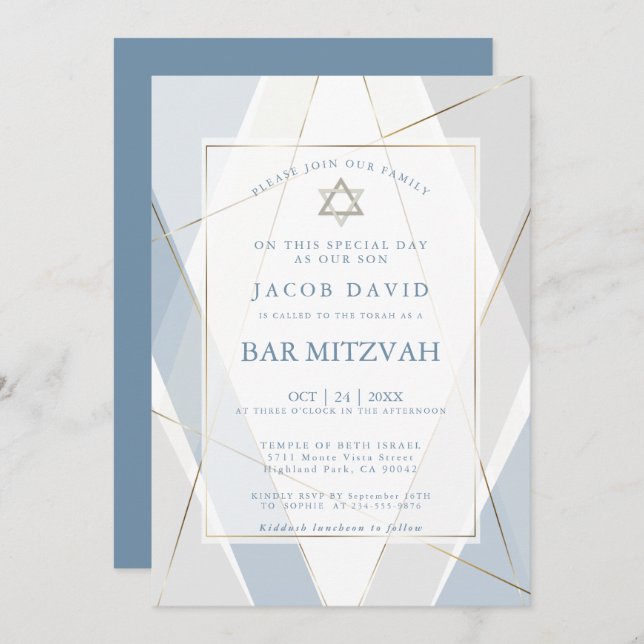Convites Azul Moderno e Cinza Linhas Bar Mitzvah (Frente/Verso)