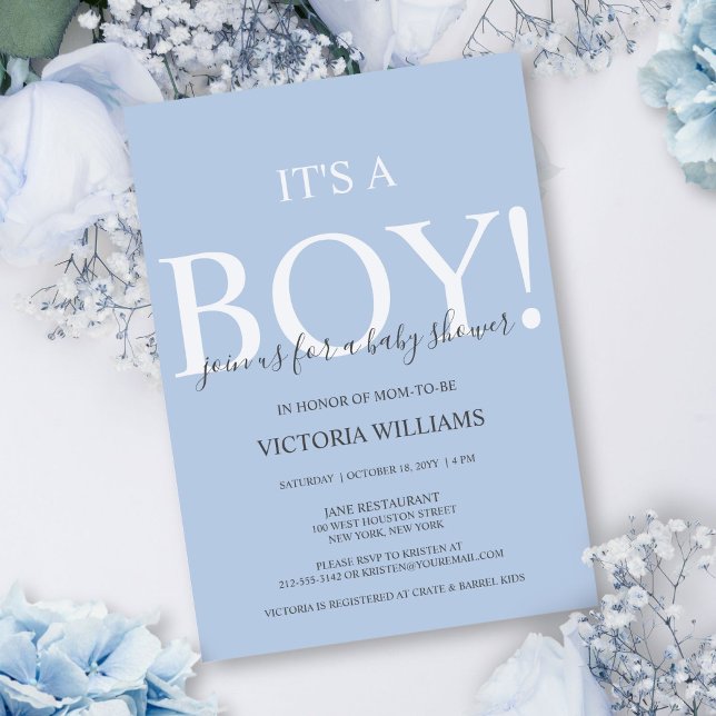 Convites Azul moderno É um Chá de fraldas de tipografia inf (This simple, dusty blue baby shower invite is perfect for a mom expecting a baby boy.)