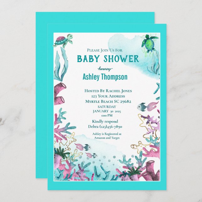 Convites Azul Moderno sob o Chá de fraldas do Mar (Frente/Verso)