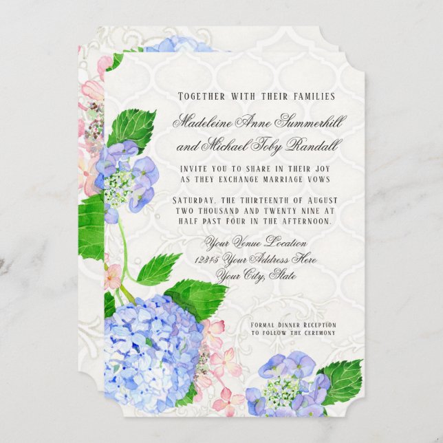 Convites Azul n Rosa Hydrangeas Watercolor Arábês Floral (Frente/Verso)