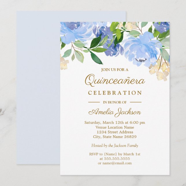 Convites Azul Naval Aquarela Floral Quinceanera (Frente/Verso)
