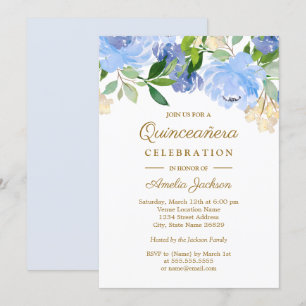 Convites Azul Naval Aquarela Floral Quinceanera