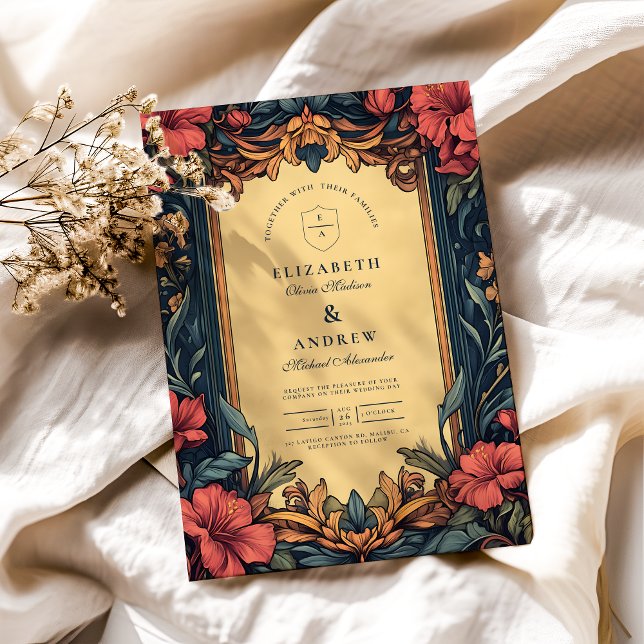 Convites Azul Naval Floral Casamento Art Nouveau (Criador carregado)