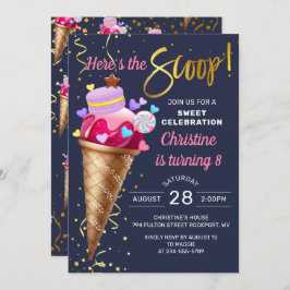 Convites Azul Nave Nave de Aniversário, Sorvete Rosa Doce