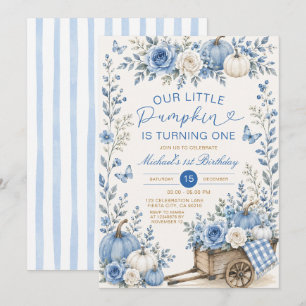 Convites Azul O nosso pequeno abóbora 1º aniversário Floral