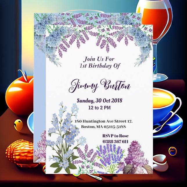 Convites Azul pasta Hydrangea Púrpura Lilac Aniversário (Soft Pastel Blue Hydrangea Purple Lilac Birthday Invitation)