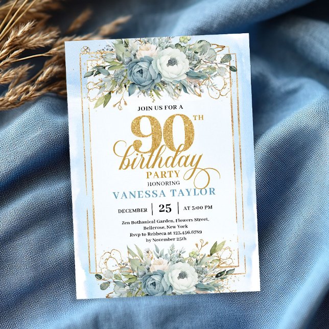 Convites Azul pastel clássico dourado script 90º aniversári (Classic pastel blue gold script 90th birthday invitation)