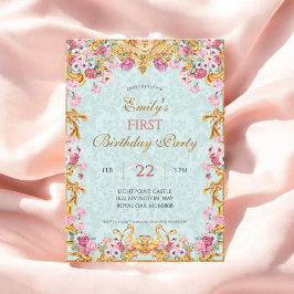 Convites Azul Pastel Dourado Primeiro Barroco Rococó Aniver