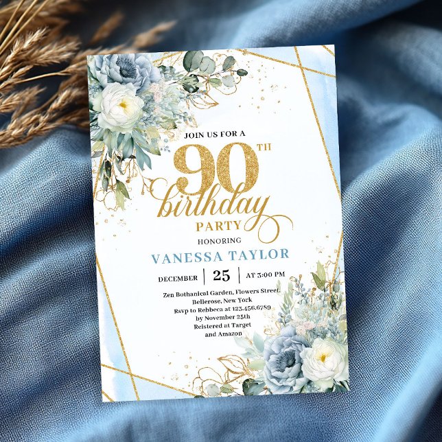 Convites Azul pastel dourado verde luxuoso script 90 anos (Pastel blue gold greenery luxe script 90th birthday invite)
