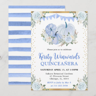 Convites Azul Pastel Floral Abóbora Outono Quinceañera