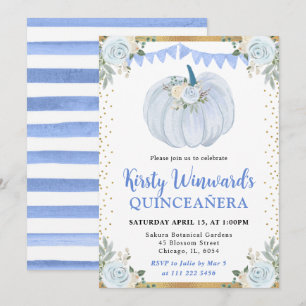 Convites Azul Pastel Floral Abóbora Outono Quinceañera