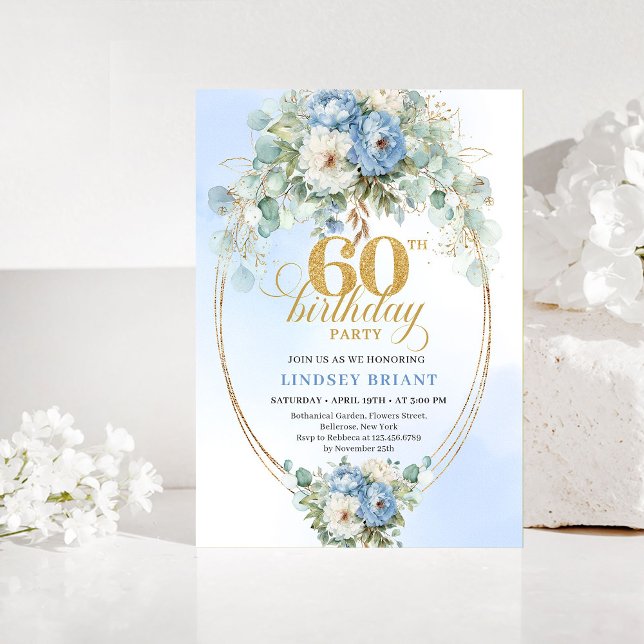 Convites Azul pastel peônia floral branco dourado 60º anive (Pastel blue white peony floral gold 60th birthday invitation

)