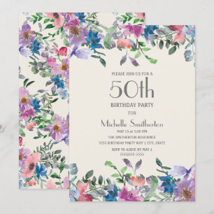 Convites Azul Pastel Roxo Floral Aniversário de 50 anos Fem