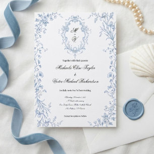 Convites Azul Pastel Vintage Toile de Jouy Casamento Floral
