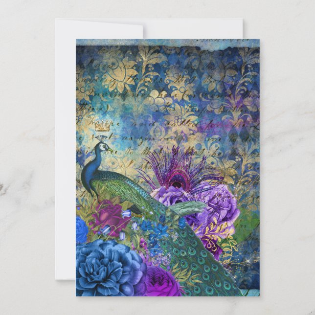 Convites Azul Pavão Roxo Abstrato Casamento Dourado  (Verso)