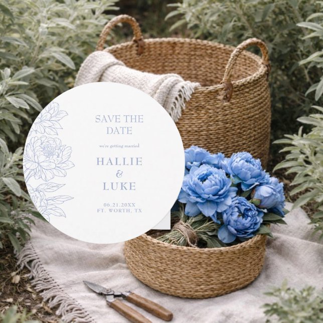 Convites Azul Periwinkle Peony Casamento Redondo Salve a Da (Criador carregado)
