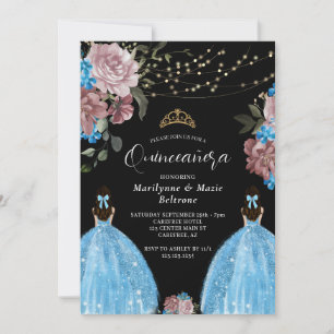Convites Azul Periwinkle Princesa Floral Gêmeos Quinceañera