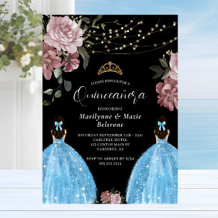 Convites Azul Periwinkle Princesa Floral Gêmeos Quinceañera