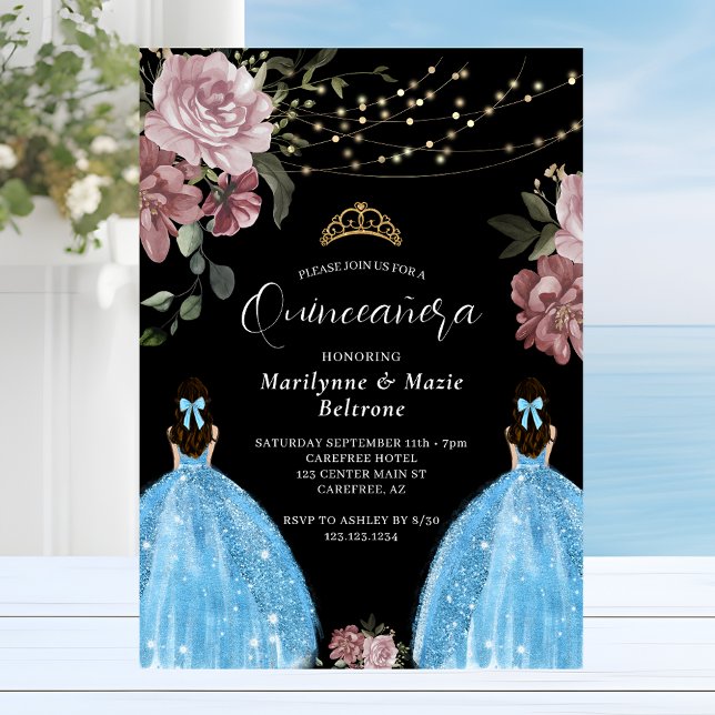 Convites Azul Periwinkle Princesa Floral Gêmeos Quinceañera (Criador carregado)