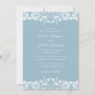 Convites Azul Pó Branco Renda Casamento Vintage