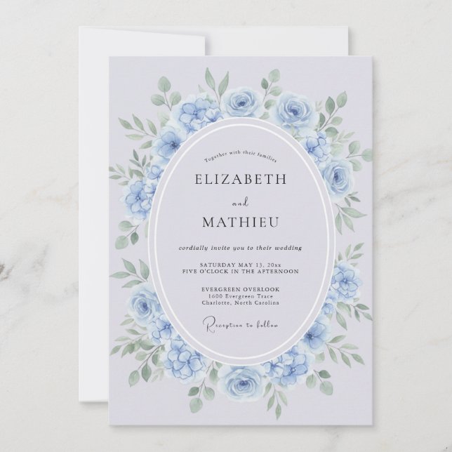 Convites Azul Pó Ramo Floral Casamento (Frente)